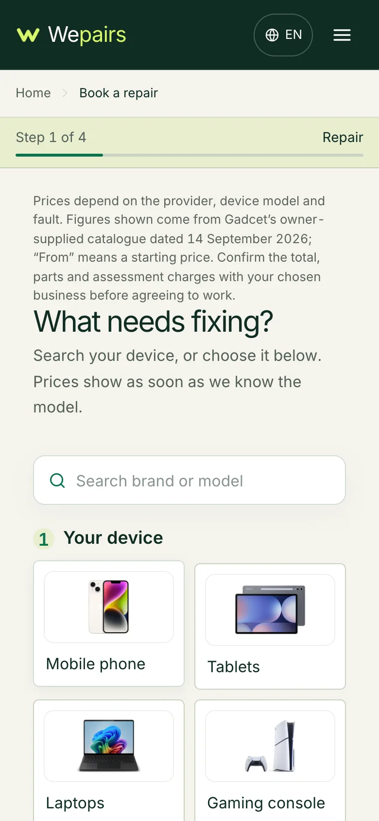 Wepairs — Booking / mobile, captured from the website and shown without cropping