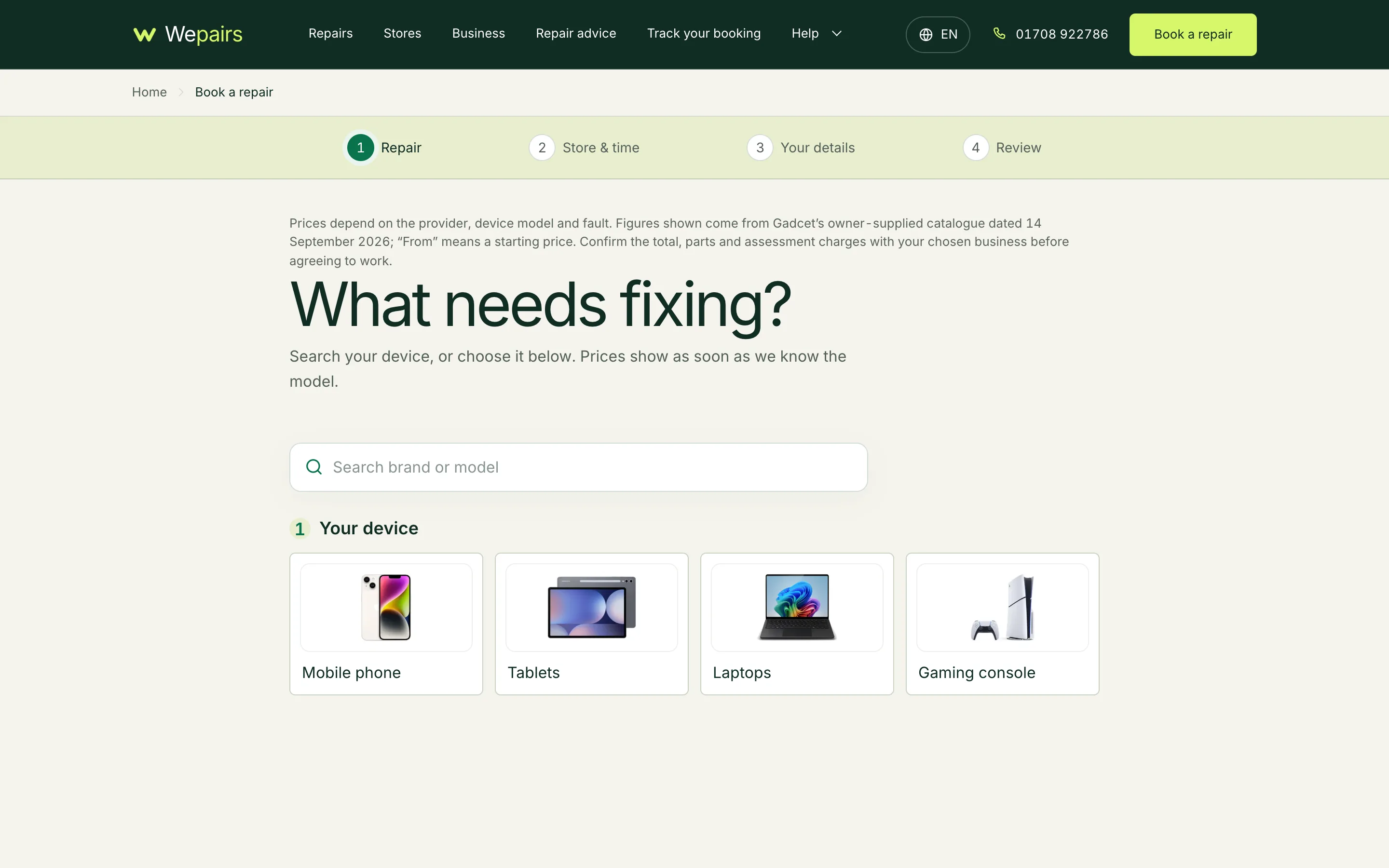 Wepairs — Book a repair, captured from the website and shown without cropping