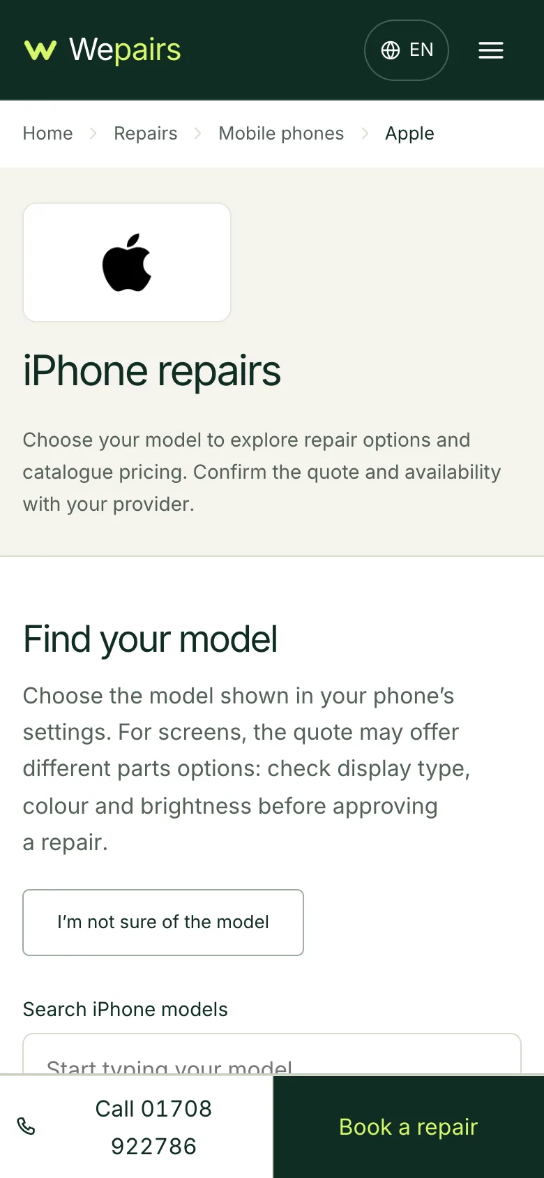 Wepairs — Repairs / mobile, captured from the website and shown without cropping