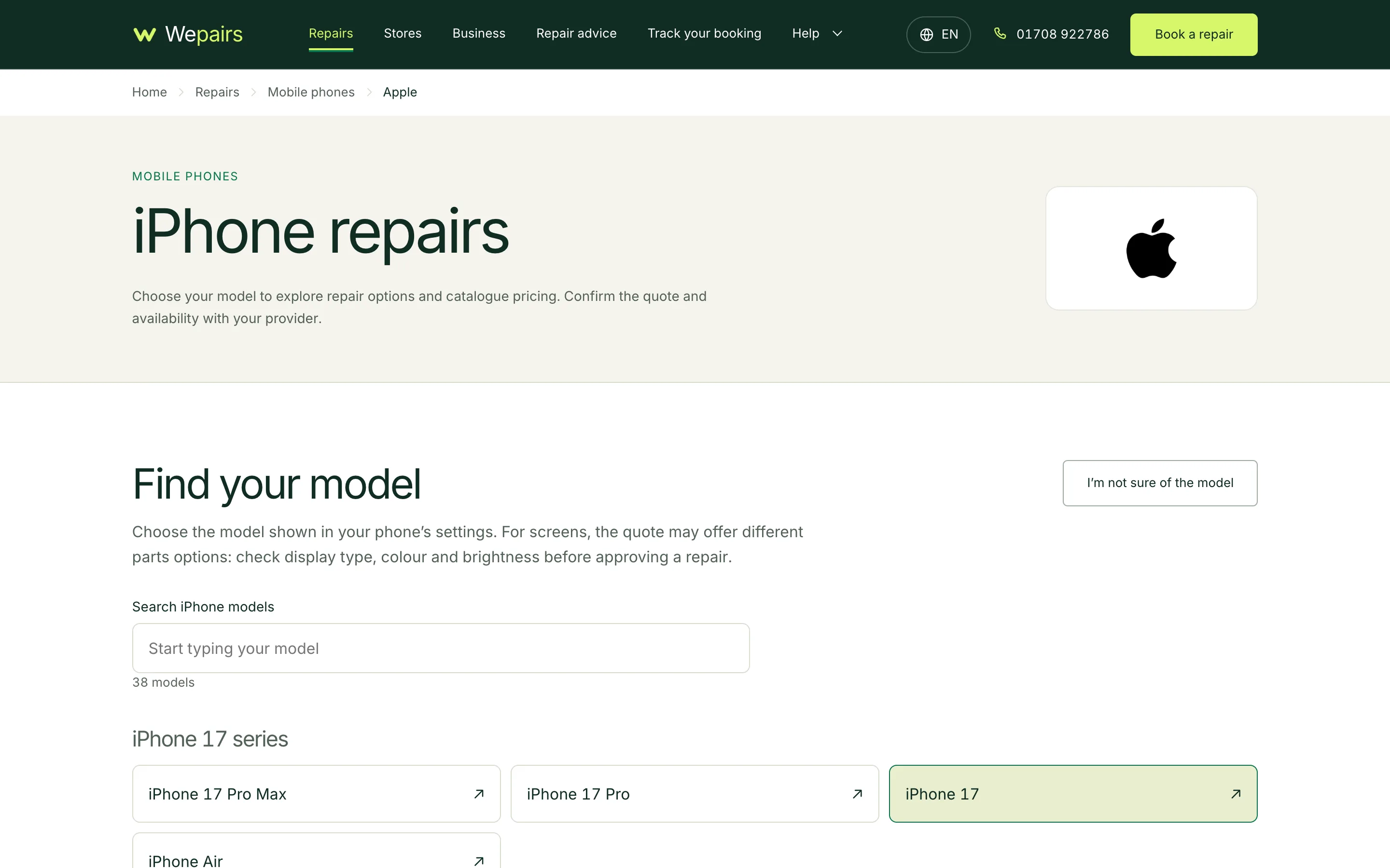 Wepairs — iPhone repairs, captured from the website and shown without cropping