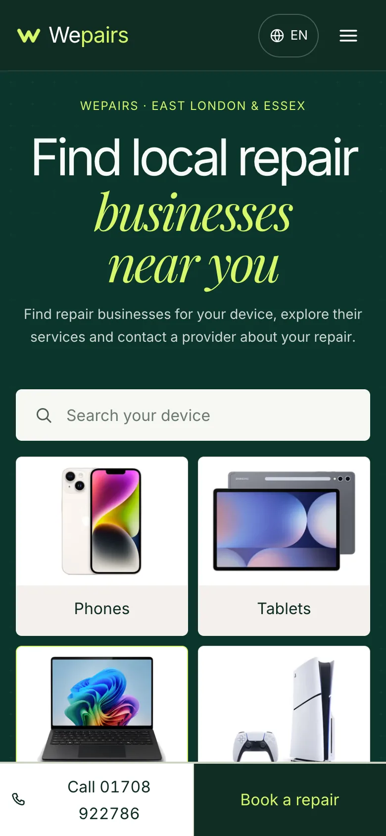 Wepairs — Mobile, captured from the website and shown without cropping