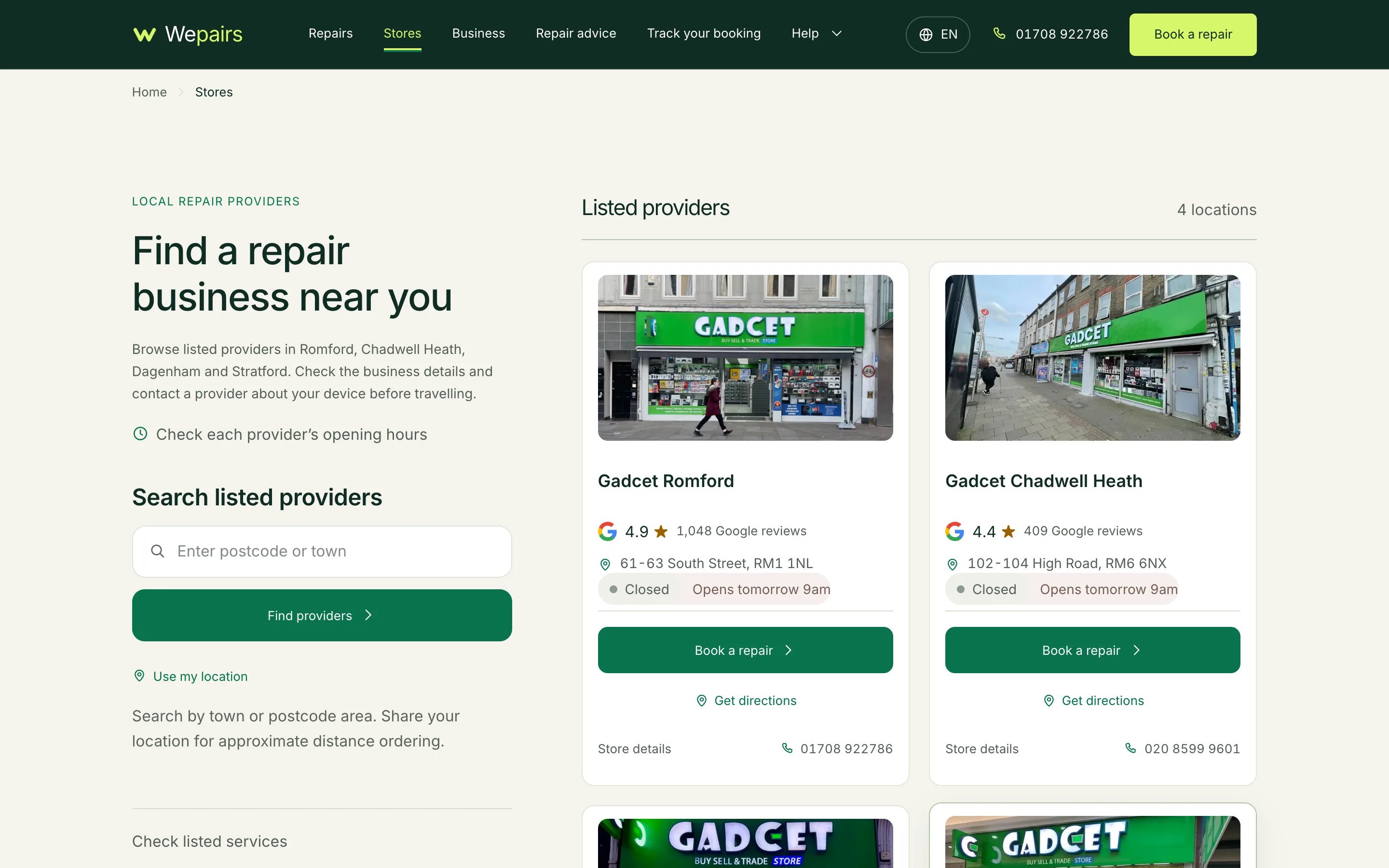 Wepairs — Stores, captured from the website and shown without cropping