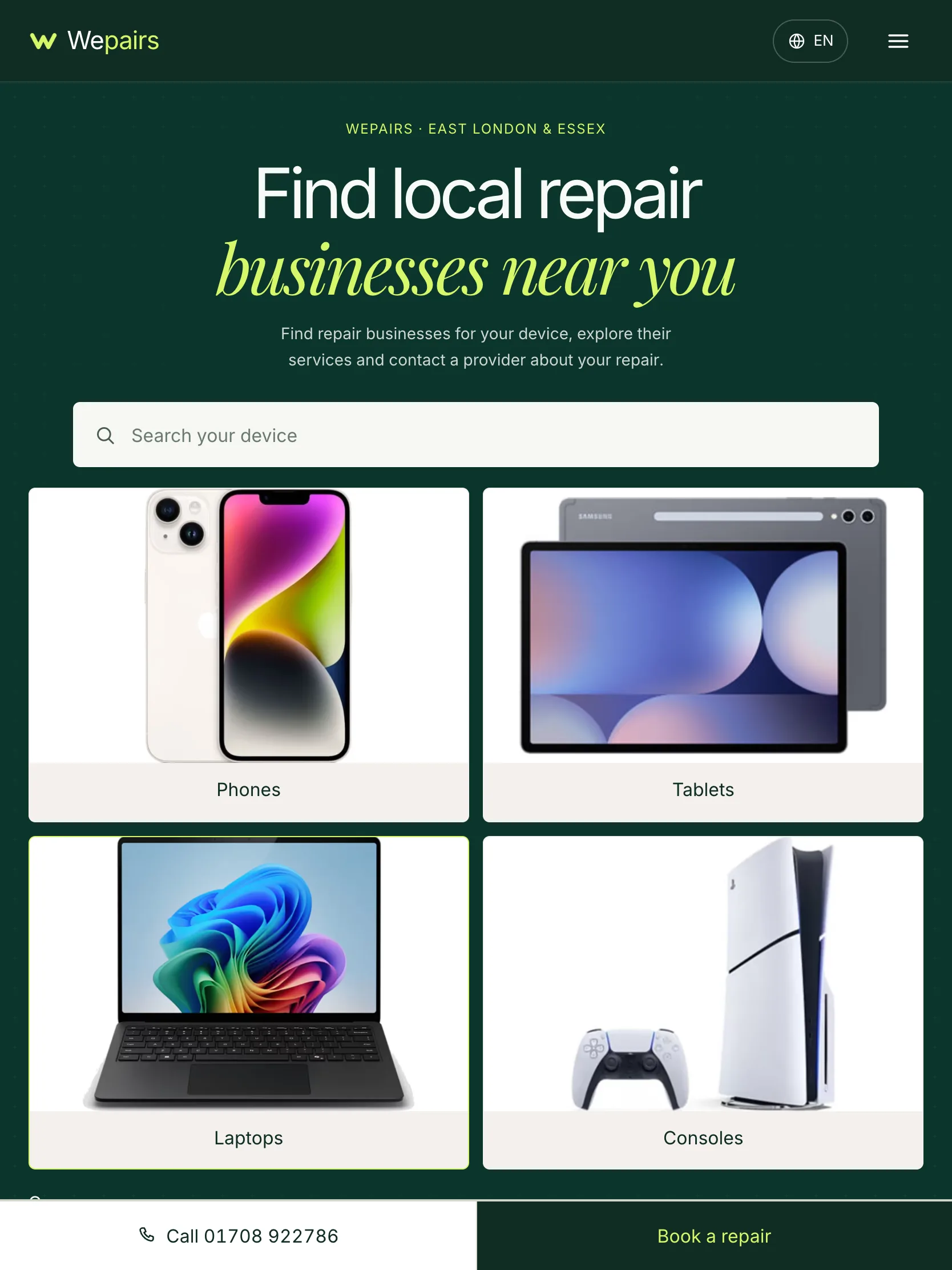 Wepairs — Tablet, captured from the website and shown without cropping