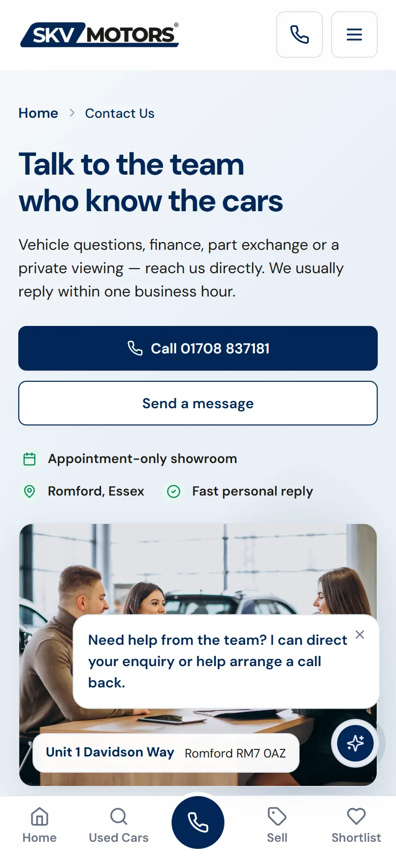 SKV Motors — Contact / mobile, captured from the website and shown without cropping