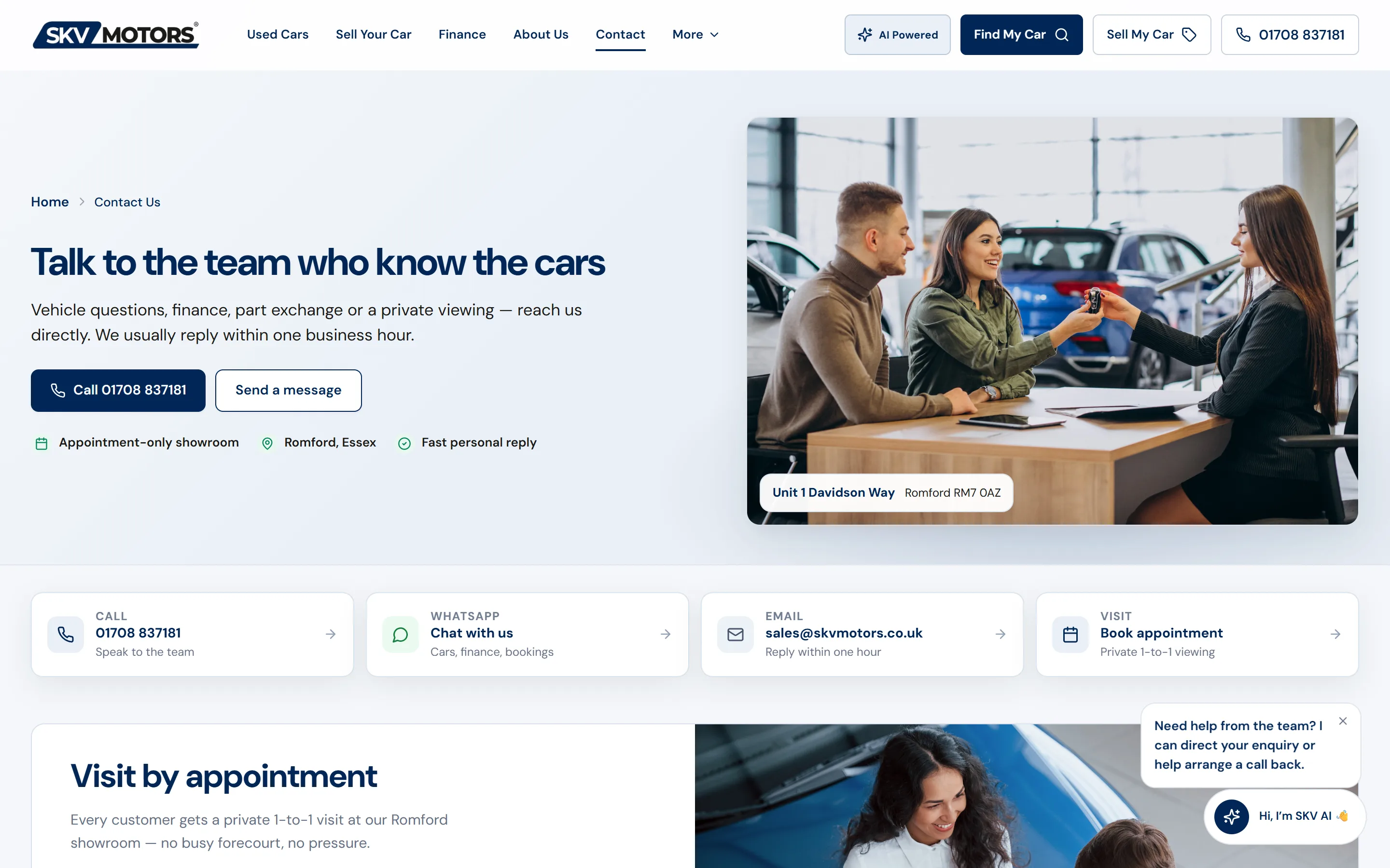 SKV Motors — Contact, captured from the website and shown without cropping