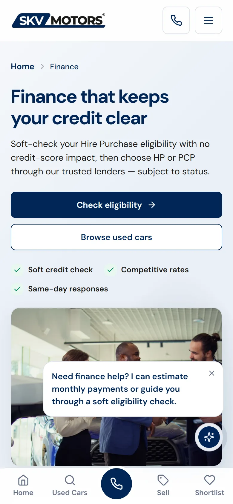 SKV Motors — Finance / mobile, captured from the website and shown without cropping
