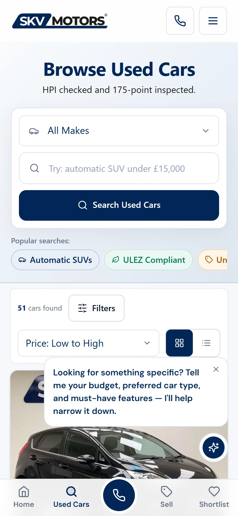 SKV Motors — Listing / mobile, captured from the website and shown without cropping