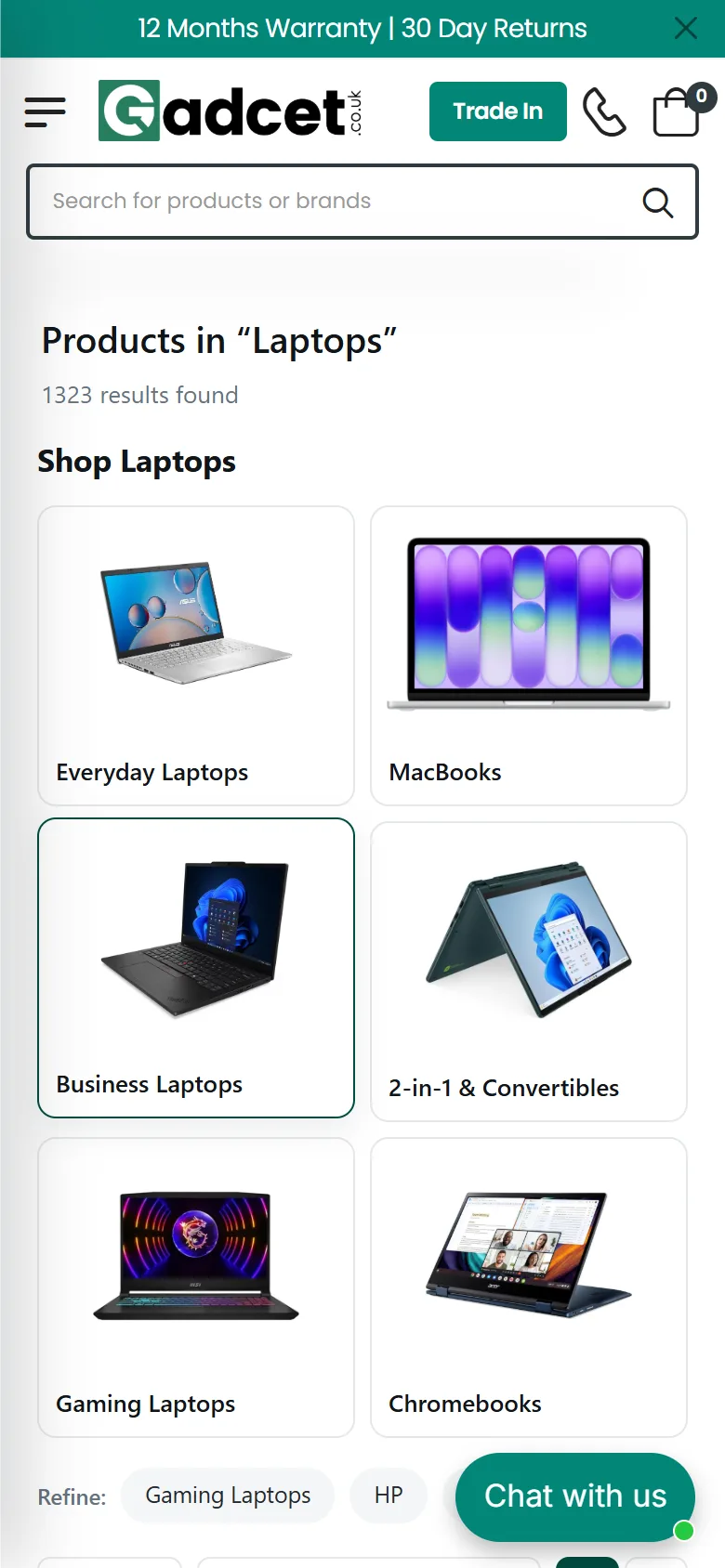 Gadcet — Laptops / mobile, captured from the website and shown without cropping