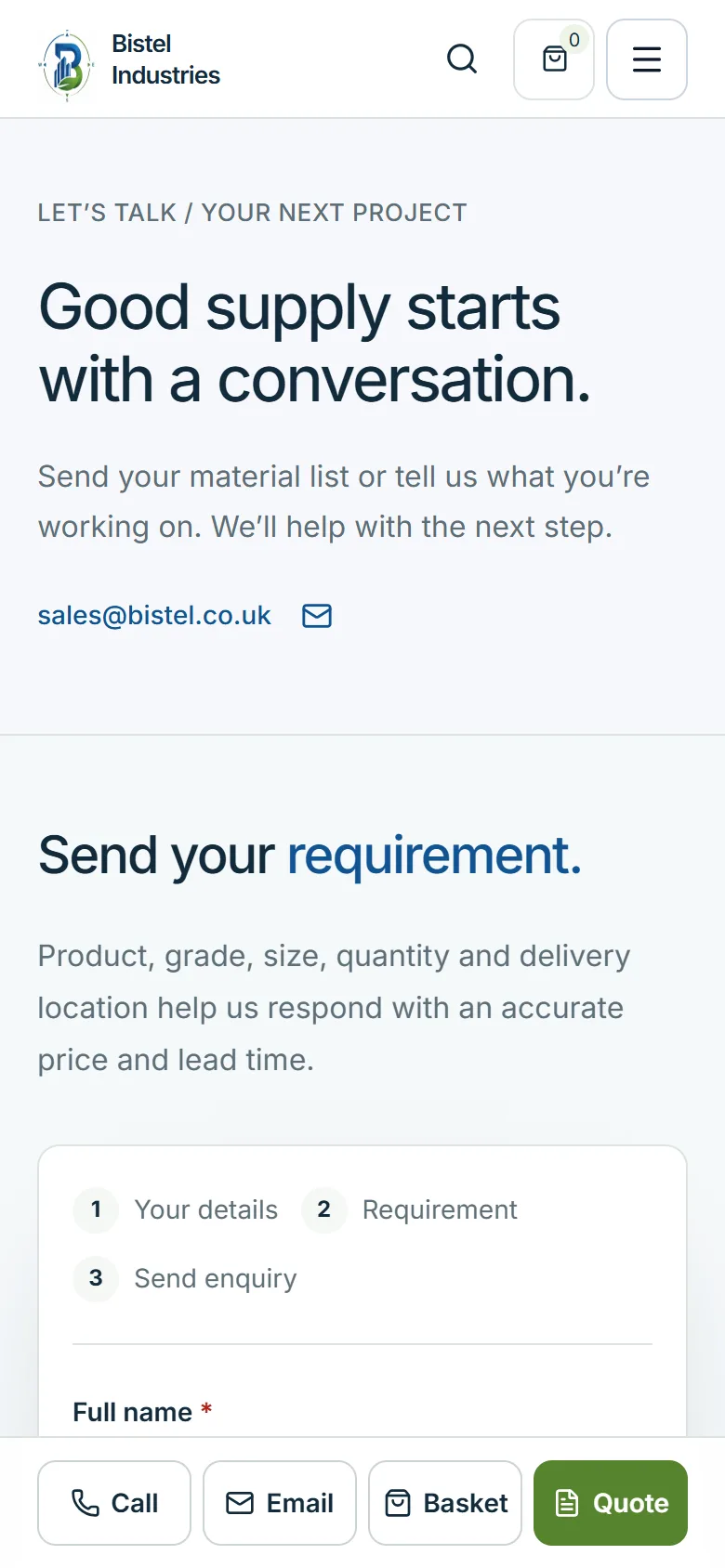 Bistel Industries — Enquiry / mobile, captured from the website and shown without cropping