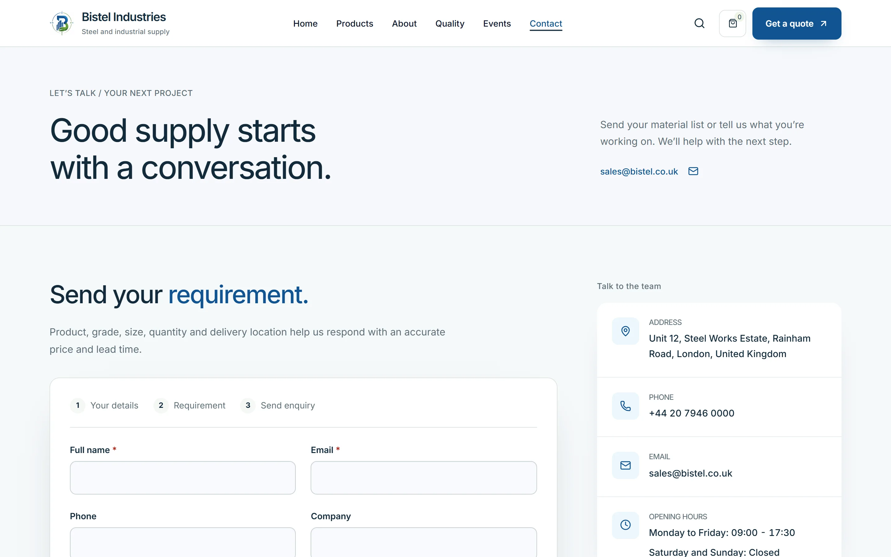 Bistel Industries — Enquiry, captured from the website and shown without cropping
