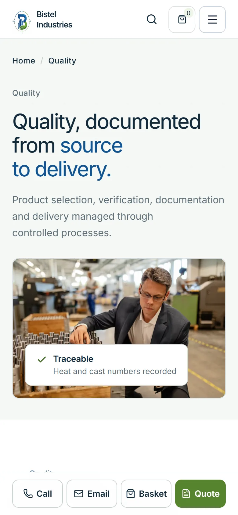 Bistel Industries — Quality / mobile, captured from the website and shown without cropping