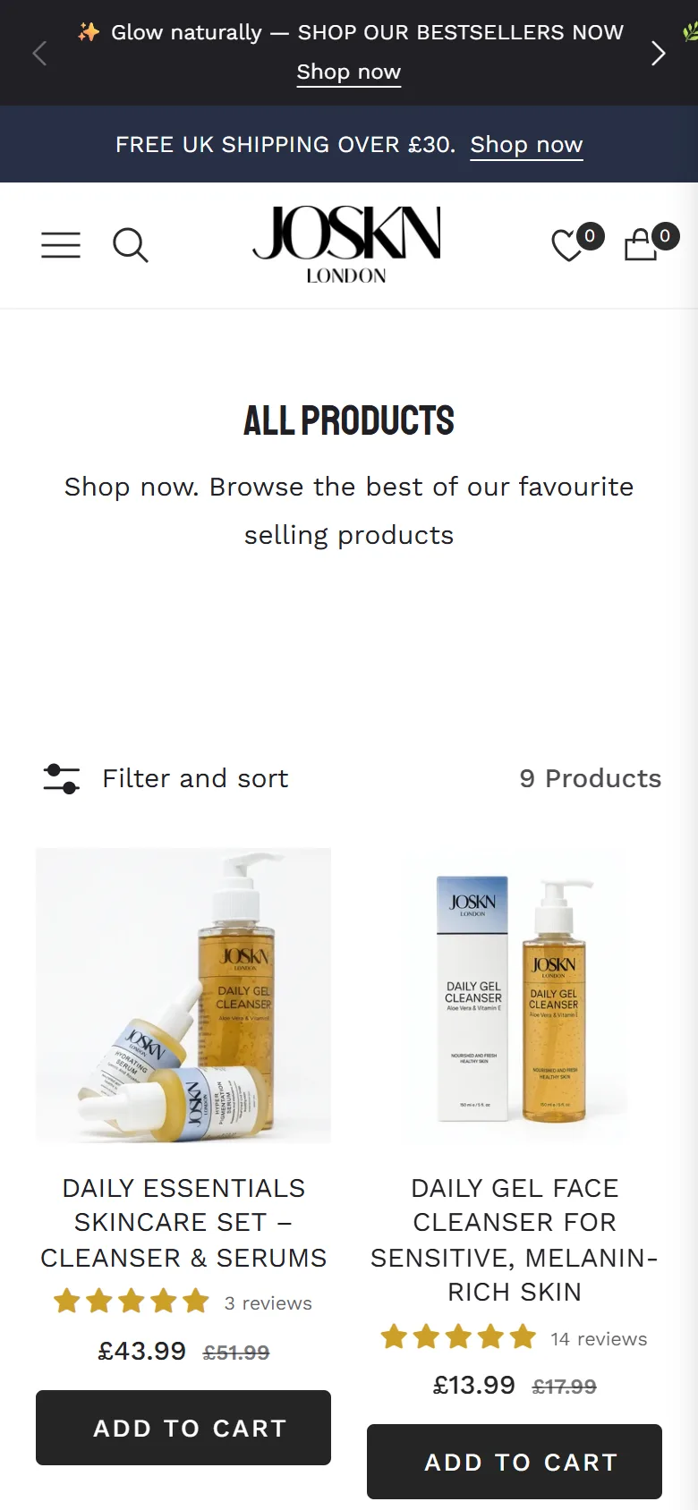 JOSKN London — Shop all / mobile, captured from the website and shown without cropping